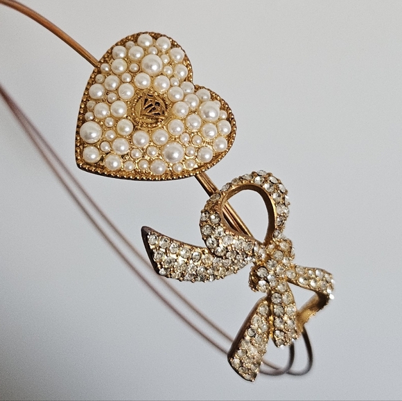 Jesus Diamante Gyaru Gold Heart And Bow Pearl And Rhinestone Headband Set - Picture 5 of 10